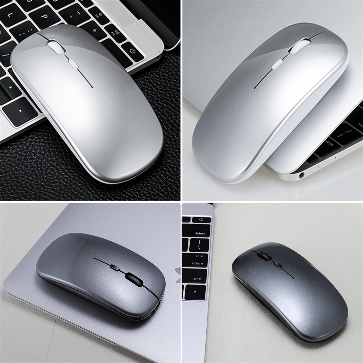 Vier Computer-Mäuse angeordnet auf einem Laptop und einer schwarzen Oberfläche. Alle sind silber/grau.