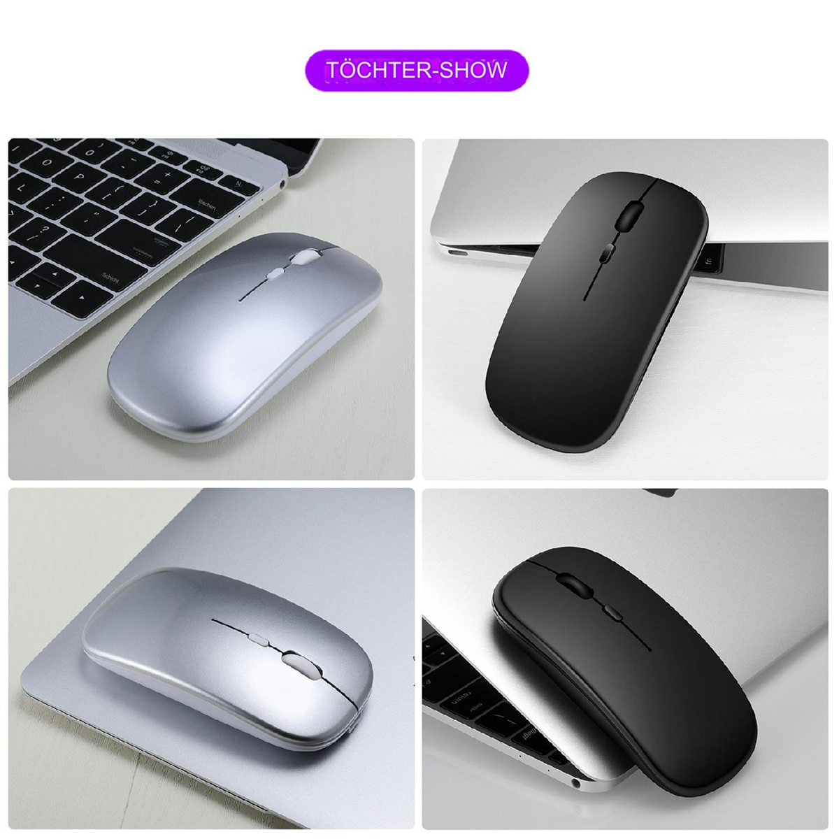 Vier kabellose Computermäuse, zwei silberne und zwei schwarze. Die Mäuse befinden sich auf einem Laptop.