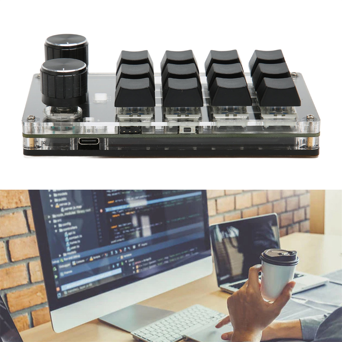 Eine schwarze Tastatur mit Knöpfen, ein Computer und eine Person, die eine Tasse hält.
