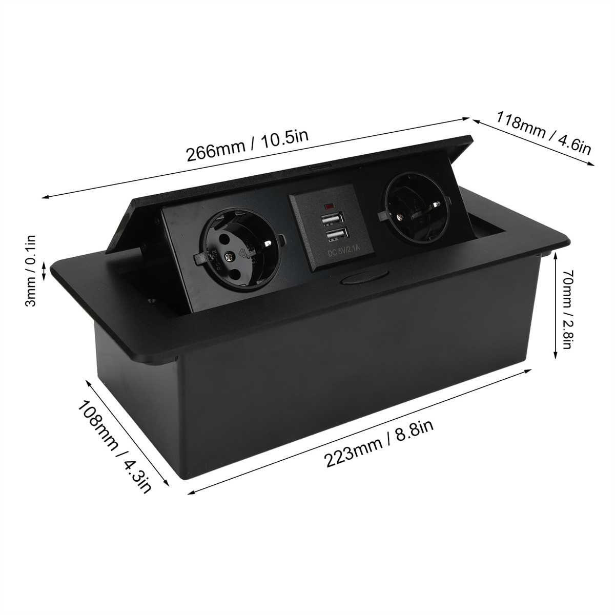 Eine schwarze Steckdose mit USB-Anschlüssen, mit Abmessungen in Zoll und Millimetern.