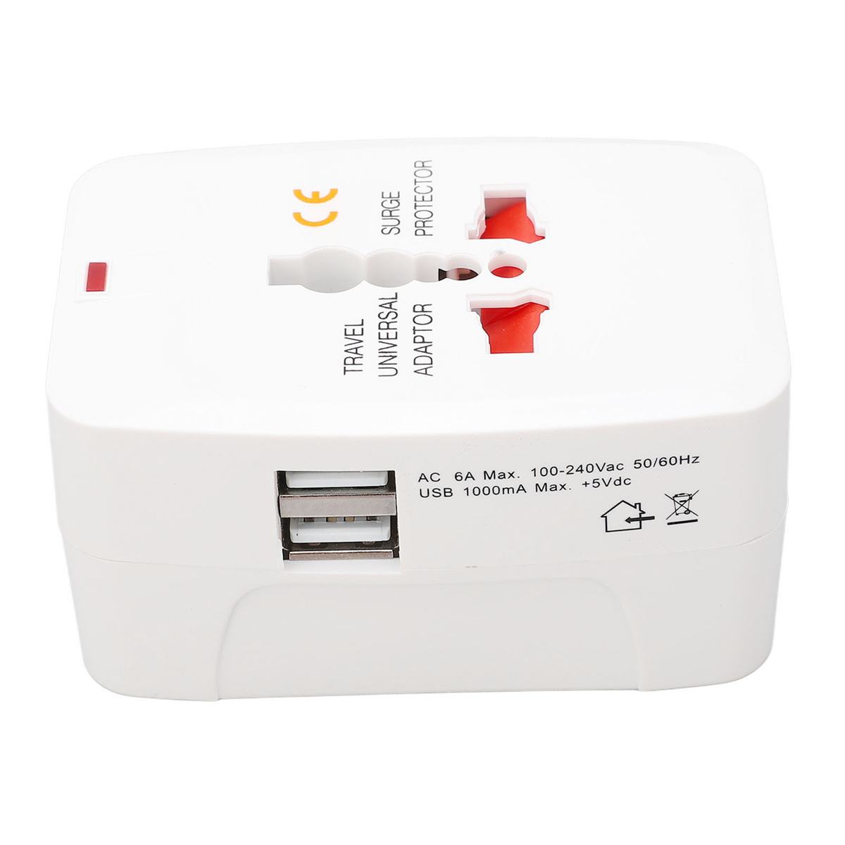 Weißer Universal-Reiseadapter mit USB-Anschlüssen und mehreren internationalen Steckertypen.