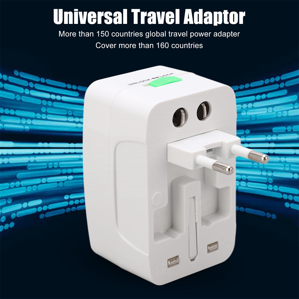 Weißer Universal-Reiseadapter mit verschiedenen Steckertypen und grünem Knopf.
