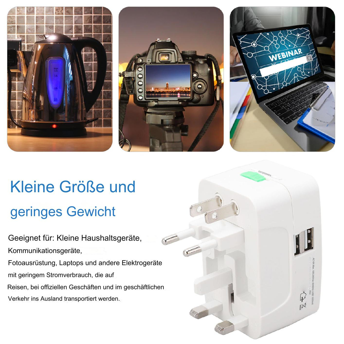 Eine Collage von Technik: Wasserkocher, Kamera, Laptop mit Text über kleine Größe und Anwendungsfälle.