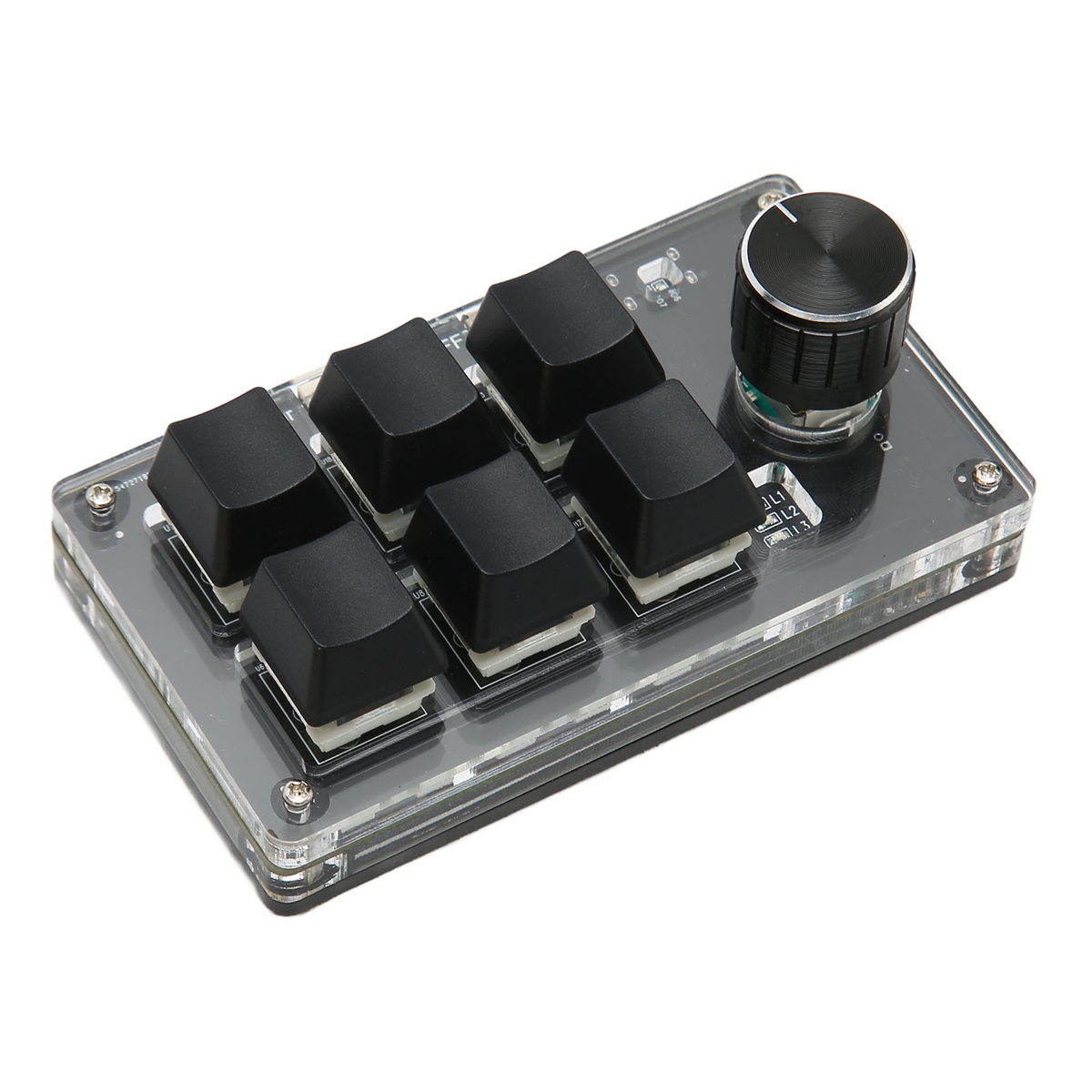 Schwarze Tastatur mit sechs schwarzen Tasten und einem Knopf. Transparente Basis. Weißer Hintergrund.