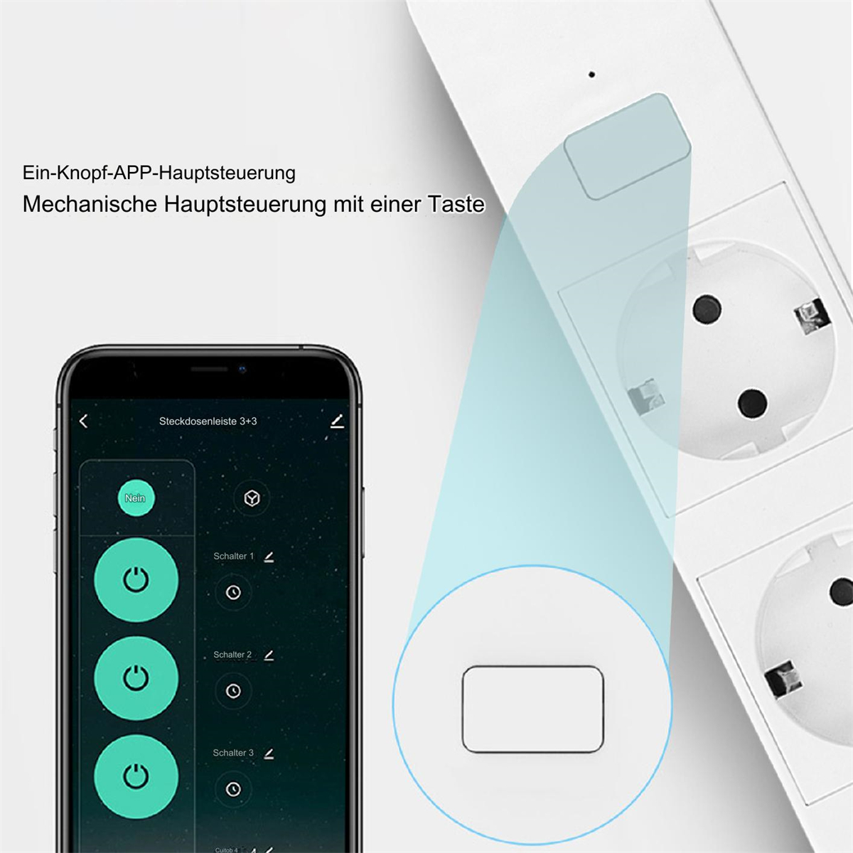 Ein Smartphone zeigt eine Smart-Plug-App mit Steuertasten neben einer Steckdosenleiste mit Steckern.