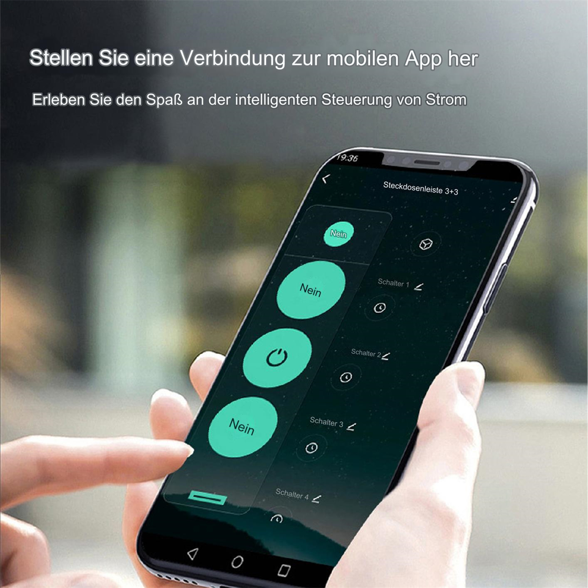 Eine Hand, die ein Telefon mit einer Smart-Home-Steuerungs-App bedient.