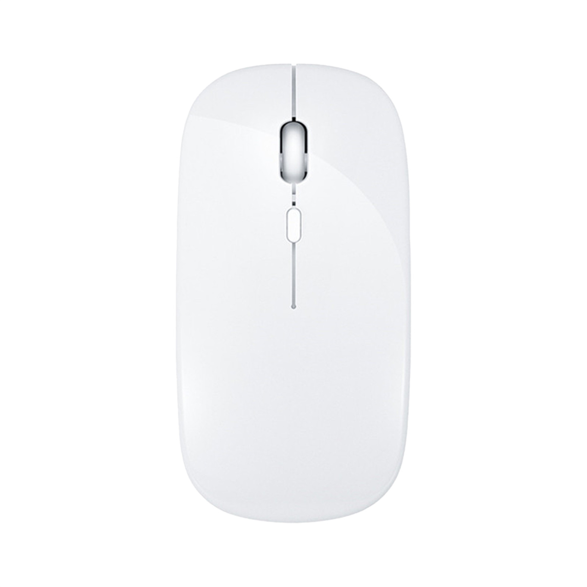 Weiße kabellose Maus mit sauberem Design. Mit zwei Tasten und einem Scrollrad oben.