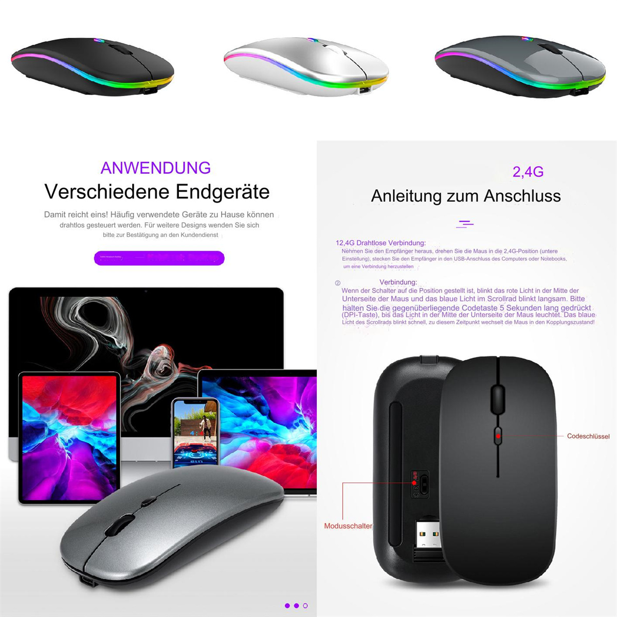 Drei Computermäuse mit RGB-Beleuchtung, ein Laptop und Tablets. Graue, schwarze und weiße Mäuse werden gezeigt.