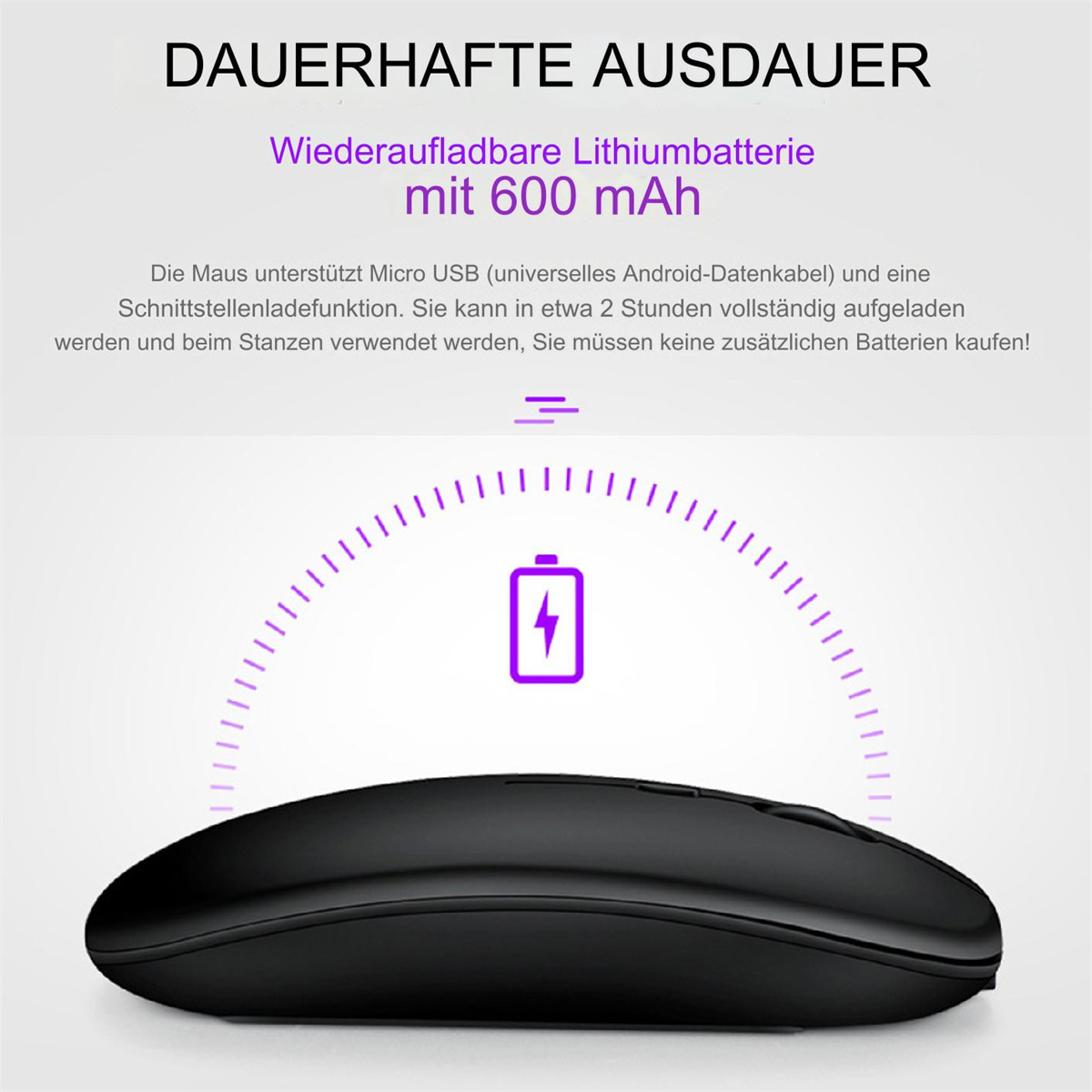 Schwarze Computermaus mit Akkusymbol. Text über Akkulaufzeit und Micro-USB.