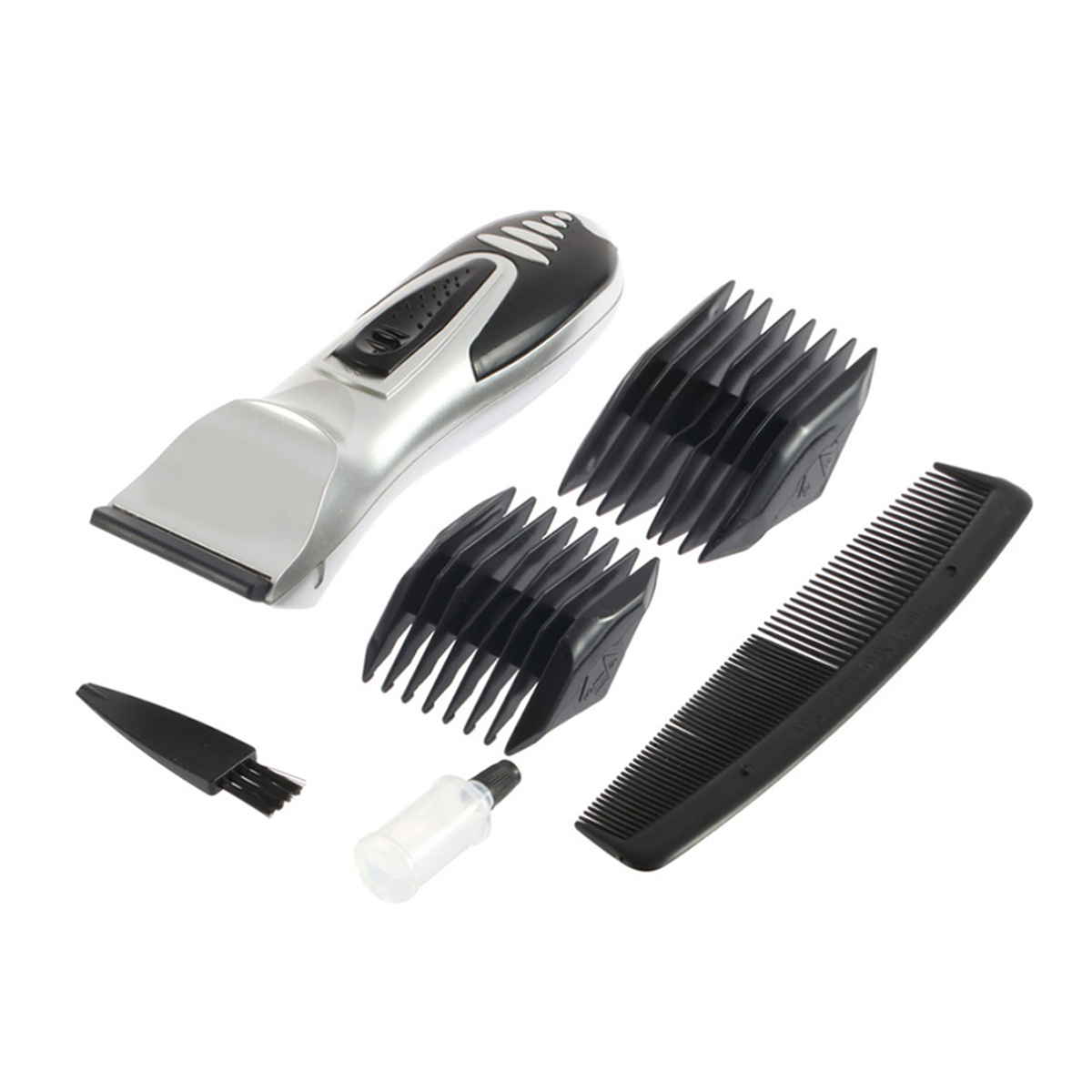 Ein Set aus Haarschneider und Zubehör: Aufsätze, Kamm, Bürste und eine kleine Ölflasche.