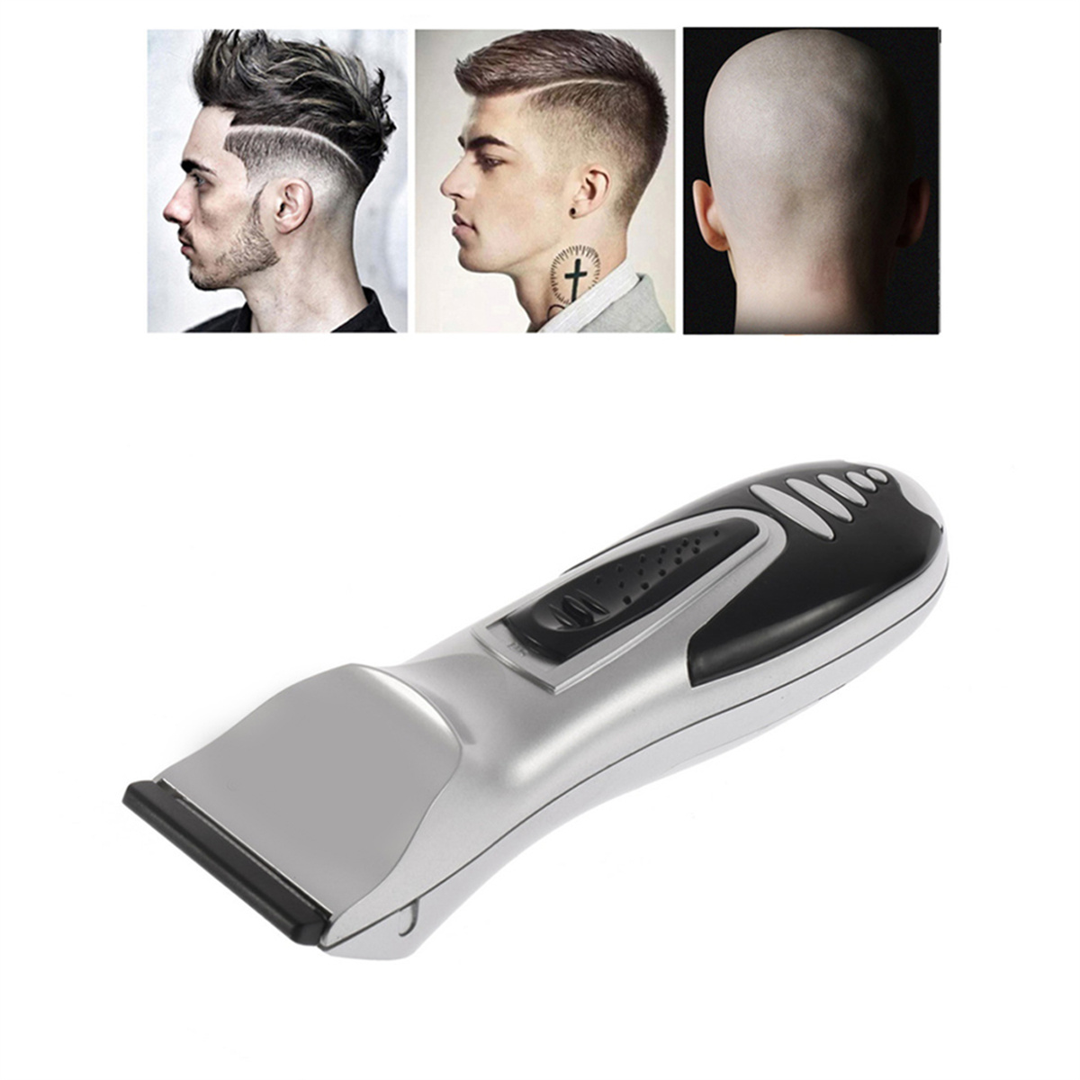 Drei Männer mit verschiedenen Frisuren, zusammen mit einem silbernen und schwarzen Haarschneider.