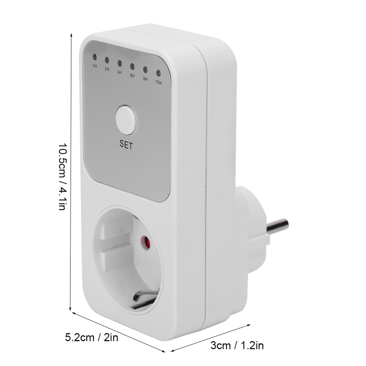 Weißer Steckdosentimer mit Stecker. Es hat eine silberne Oberfläche mit einer Taste und Kontrollleuchten.