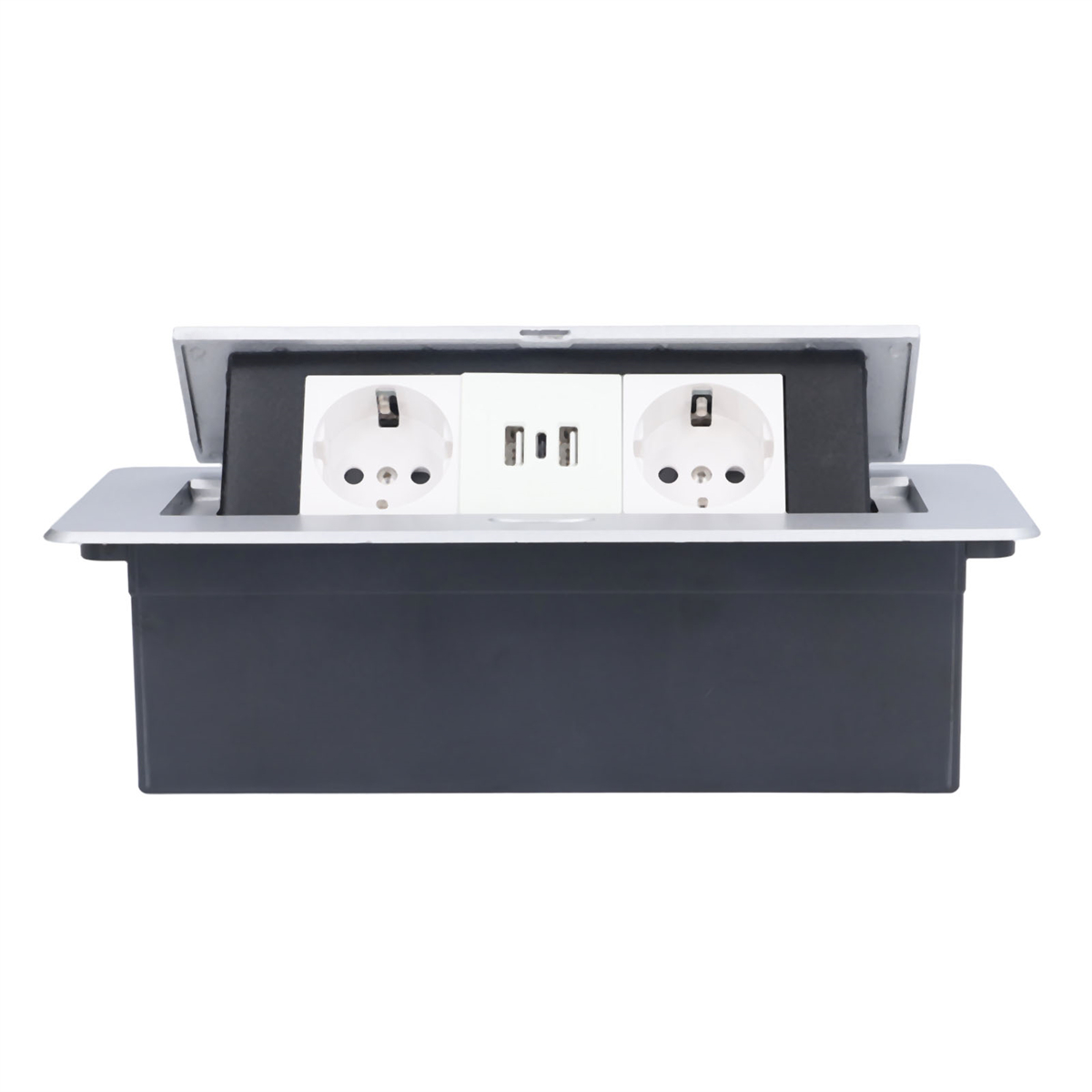 Ein eingebauter Stromanschluss mit zwei Steckdosen und zwei USB-Anschlüssen, in einem Metallrahmen.
