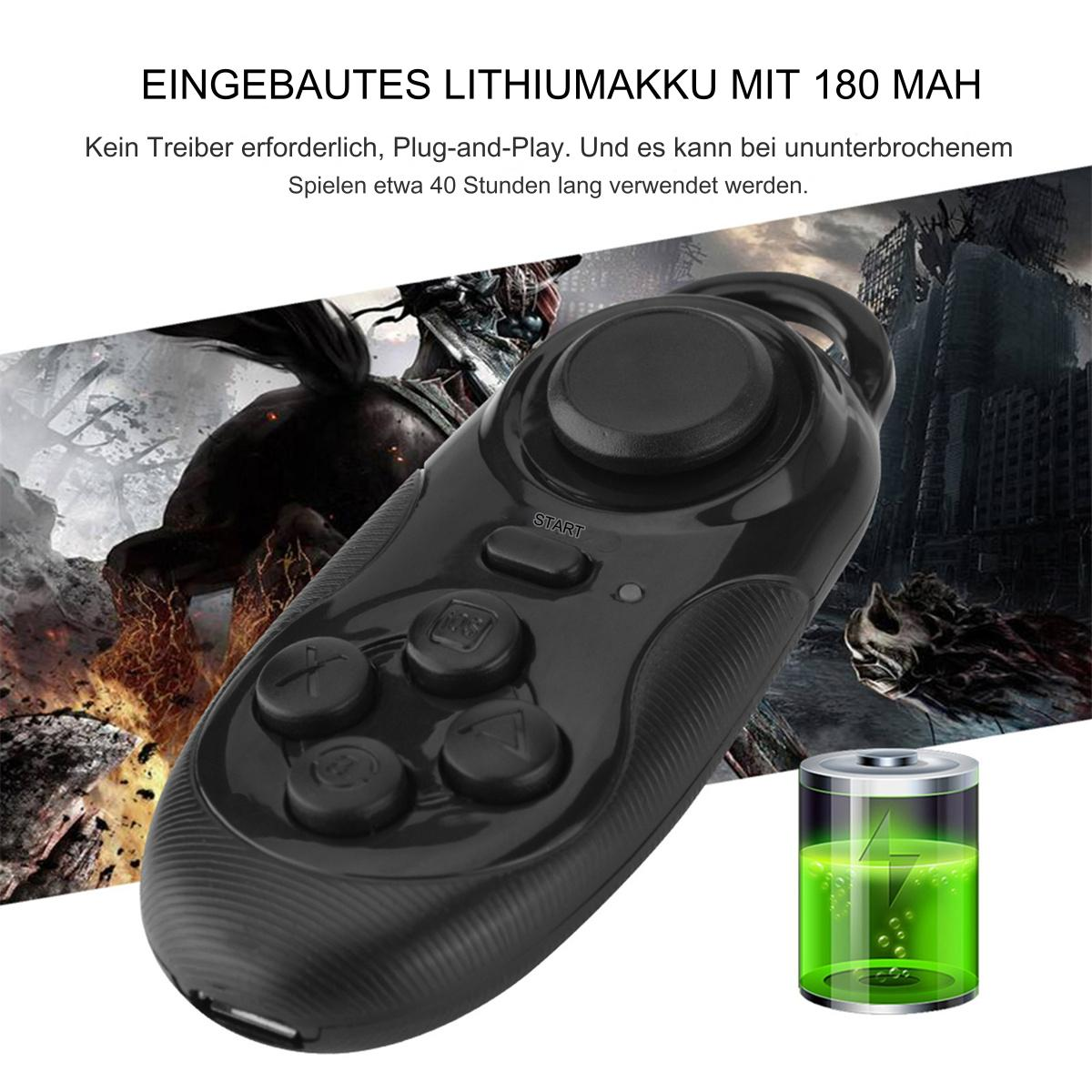 Ein schwarzer Gamecontroller mit Starttasten und einem Batteriesymbol. Text erwähnt 180 mAh Akku.
