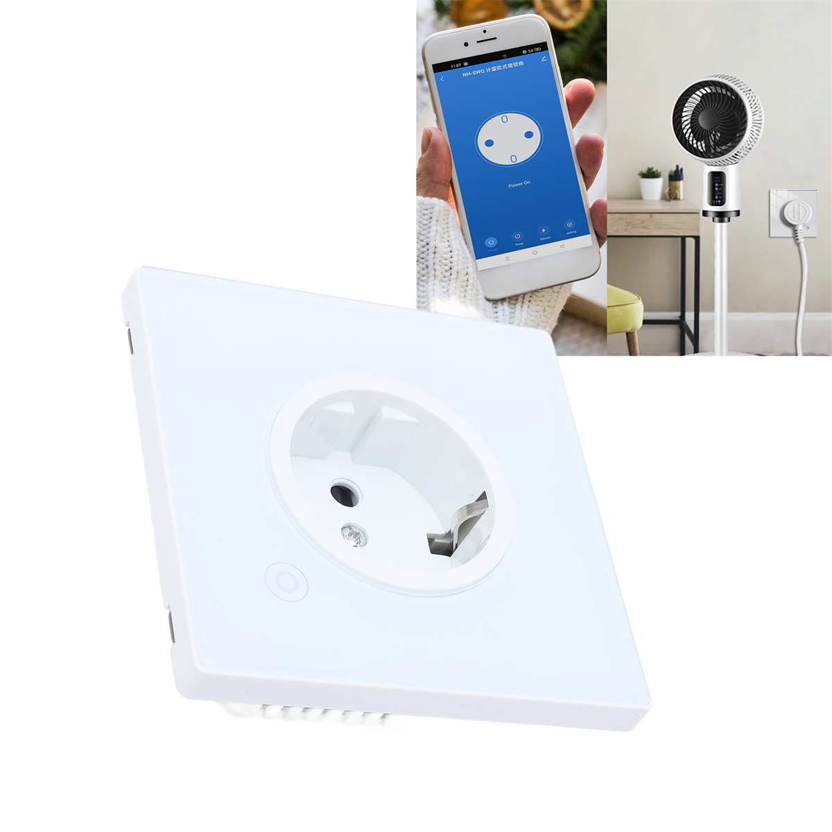 Weiße intelligente Steckdose. Inset-Bild zeigt eine Telefon-App, die einen Ventilator steuert. Weißer Hintergrund.