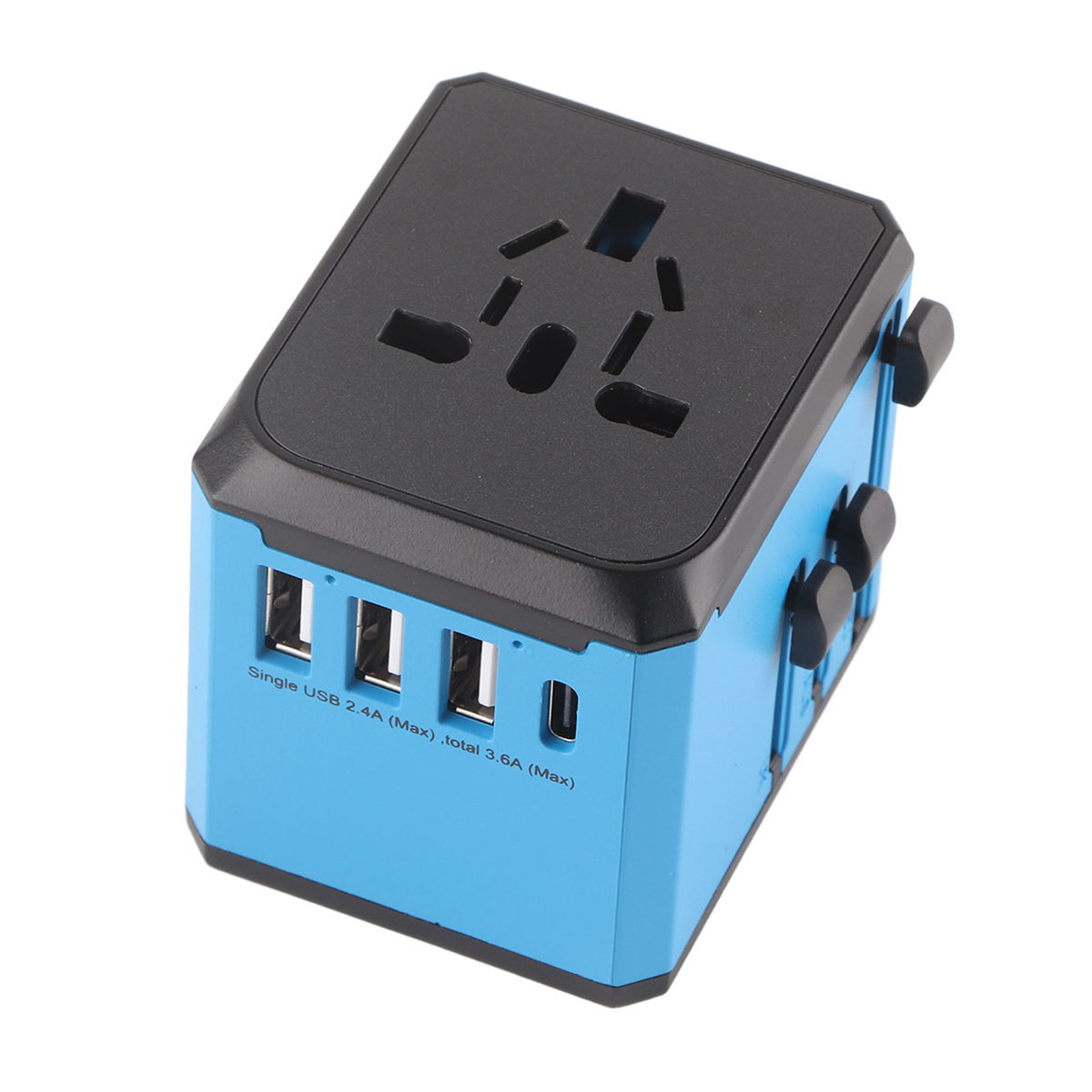 Blauer und schwarzer Multiport-Adapter mit USB-Anschlüssen und internationalen Steckdosen.