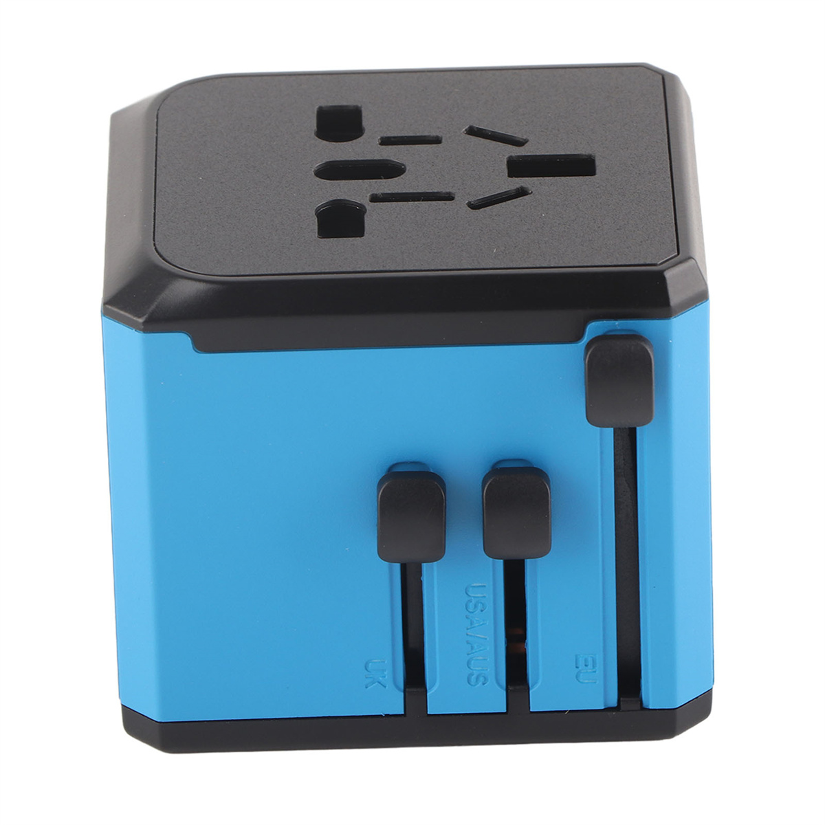 Blau-schwarzer Universaladapter mit mehreren Stecker-Konfigurationen.