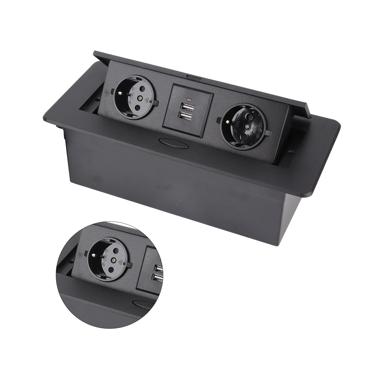 Schwarze Steckdose mit zwei Steckdosen und USB-Anschlüssen, ein Nahaufnahme-Inset.