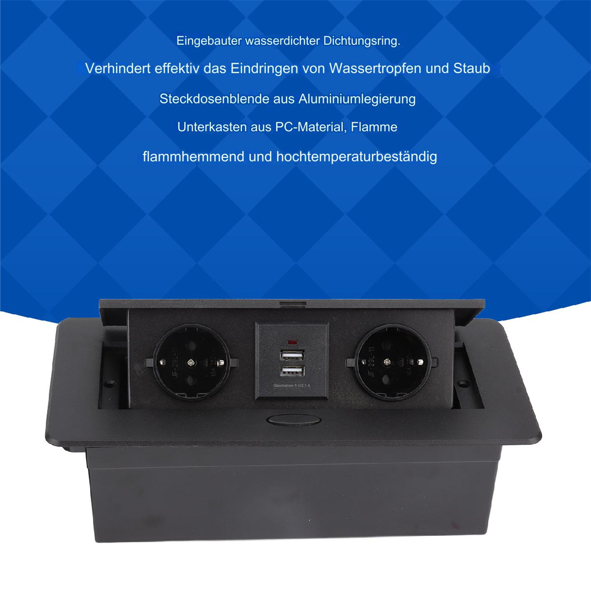Eine schwarze, versenkte Steckdose mit zwei Steckdosen, einem USB-Anschluss und Text auf blauem Hintergrund.