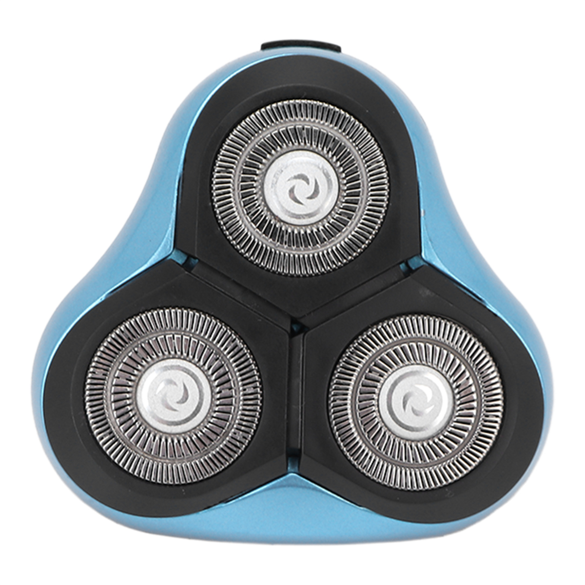 Blauer Elektrorasiererkopf mit drei silbernen Rotationsklingen. Schwarze und blaue Akzente. Weißer Hintergrund.