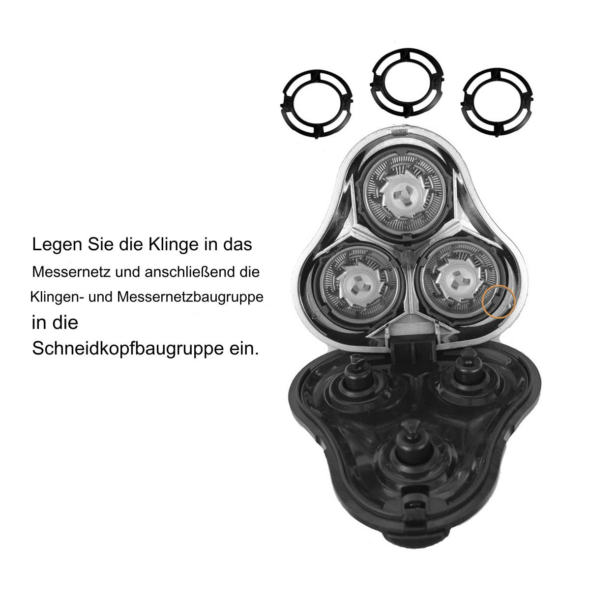Drei Rasierköpfe und Anweisungen. Die Köpfe sind zerlegt und Teile werden gezeigt.