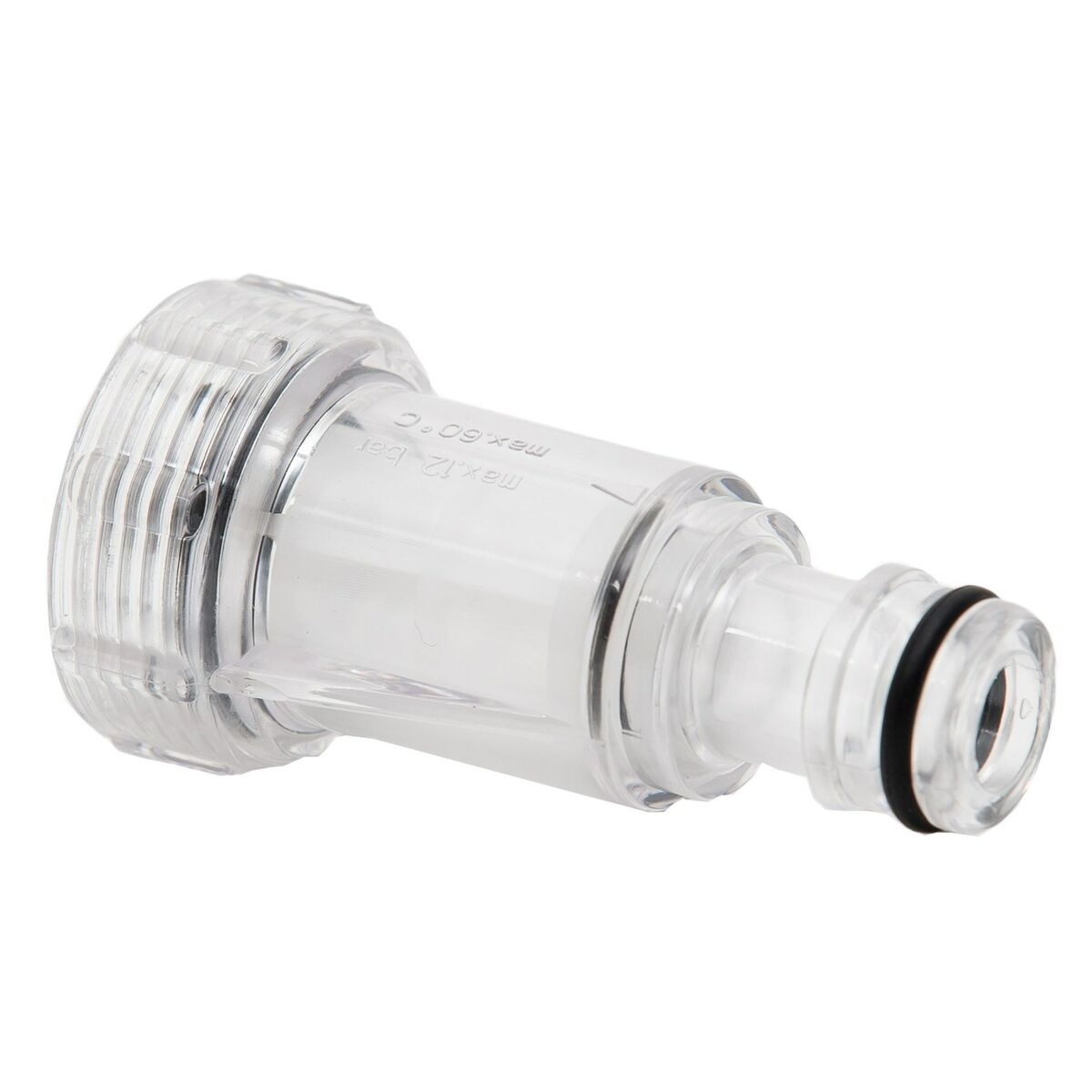 Un connettore per filtro dell'acqua in plastica trasparente con segni, pronto per l'uso.
