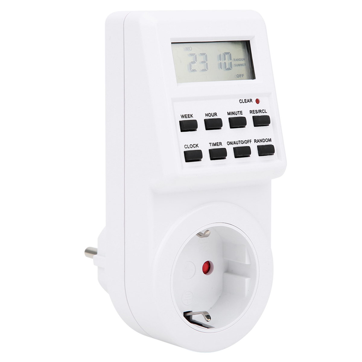 Ein weißer elektrischer Timer mit Digitalanzeige, Knöpfen und Stecker.