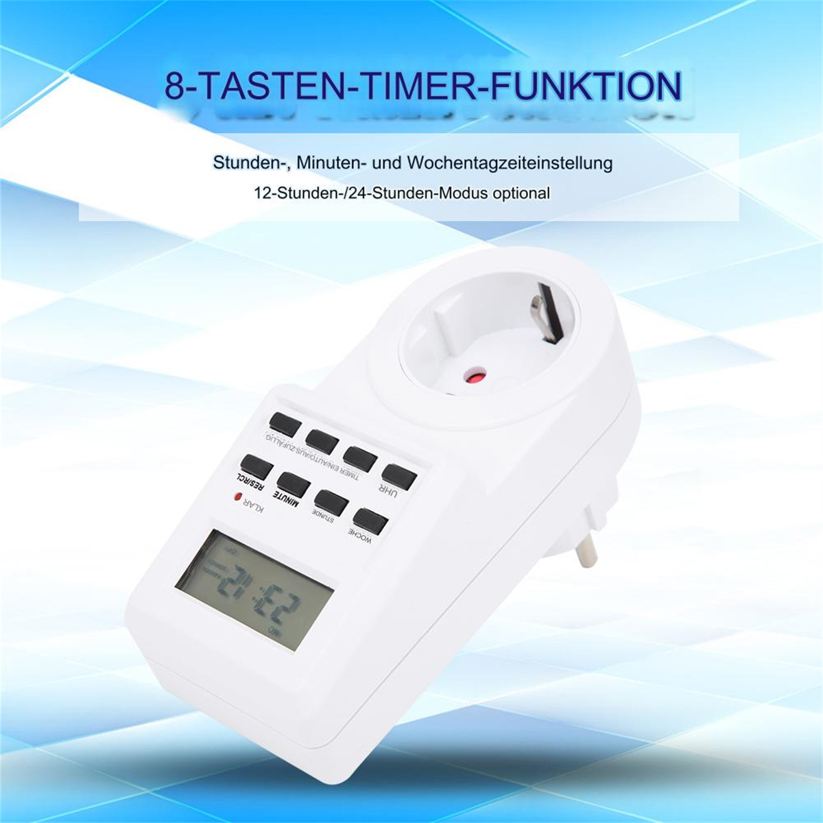 Ein weißer Strom-Timer mit digitaler Anzeige. Er hat mehrere Tasten und zeigt '23:12' auf dem Bildschirm. Text ist auf Deutsch.