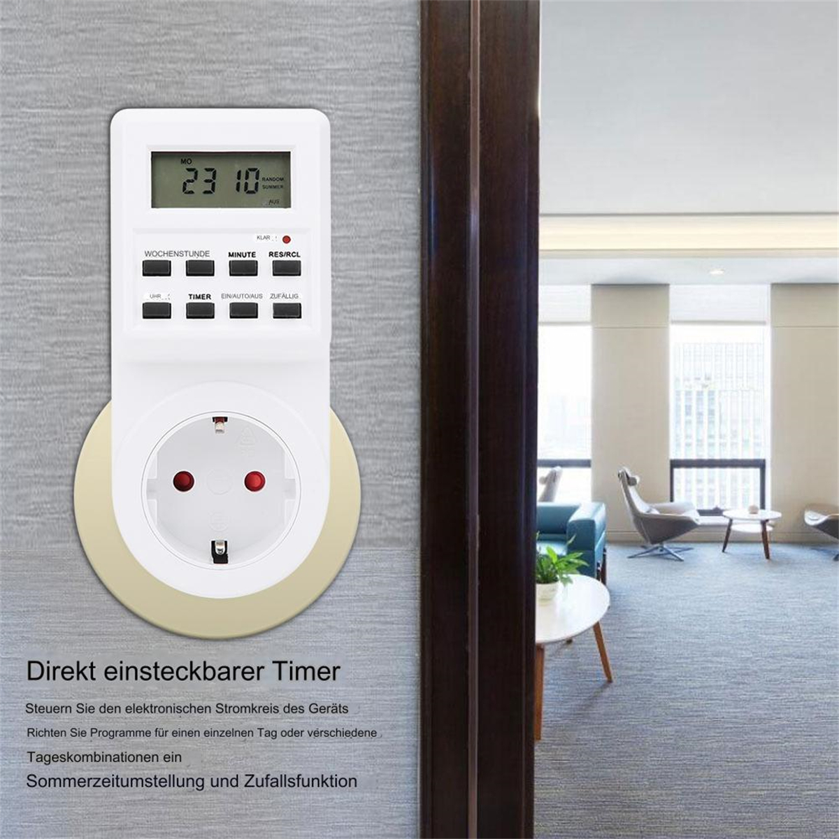 Ein weißer digitaler Timer, der in eine Wand gesteckt ist und eine Anzeige zeigt.