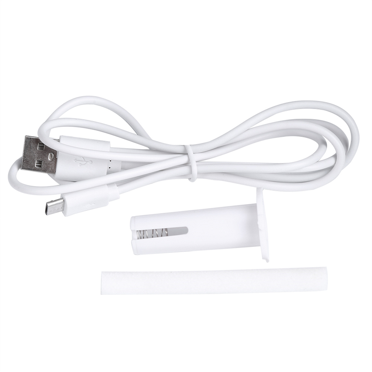 Weißes USB-Kabel mit Ladeende und separater, weißer Ladekomponente.