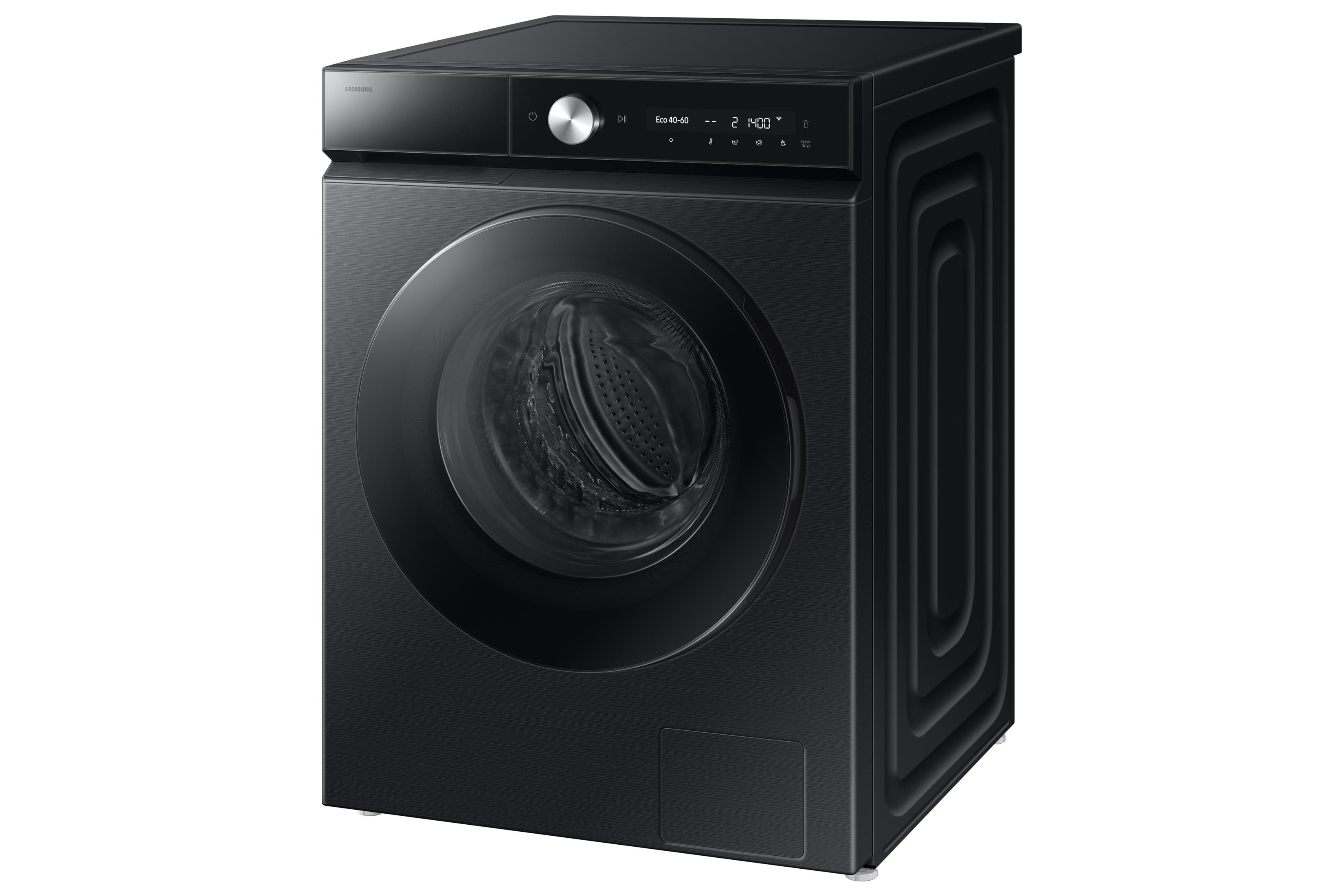 Schwarze Waschmaschine. Frontlader-Design. Digitalanzeige, schwarze Farbe.