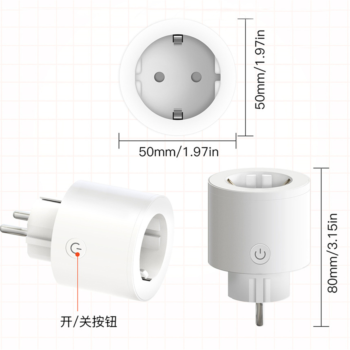 Weißer Smart Plug, zwei Ansichten. Er hat einen Knopf und die Abmessungen sind in mm und Zoll angegeben.