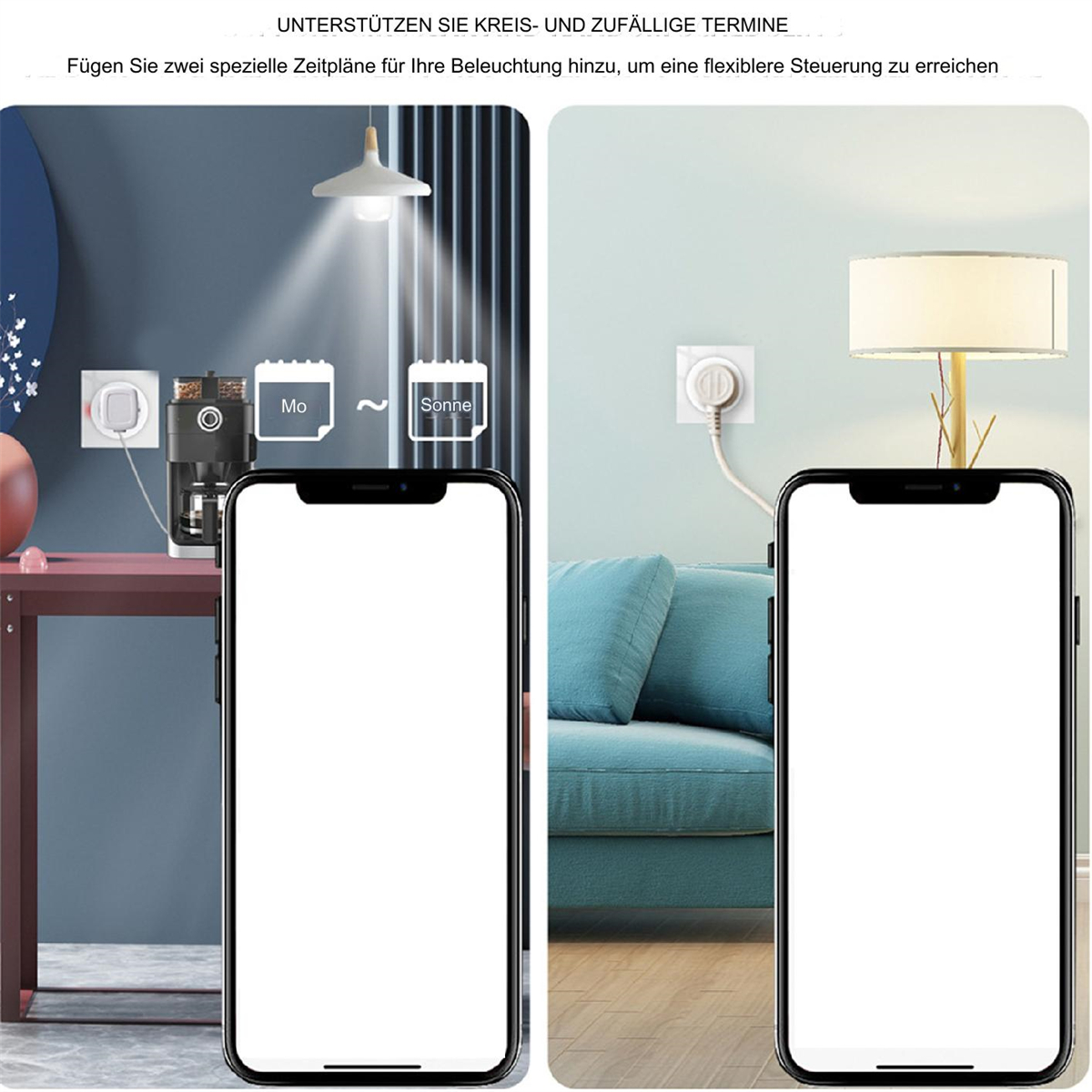Zwei Smartphones, die Smart-Home-Steuerung zeigen, mit einer Steckdose und einer Lampe im Hintergrund.