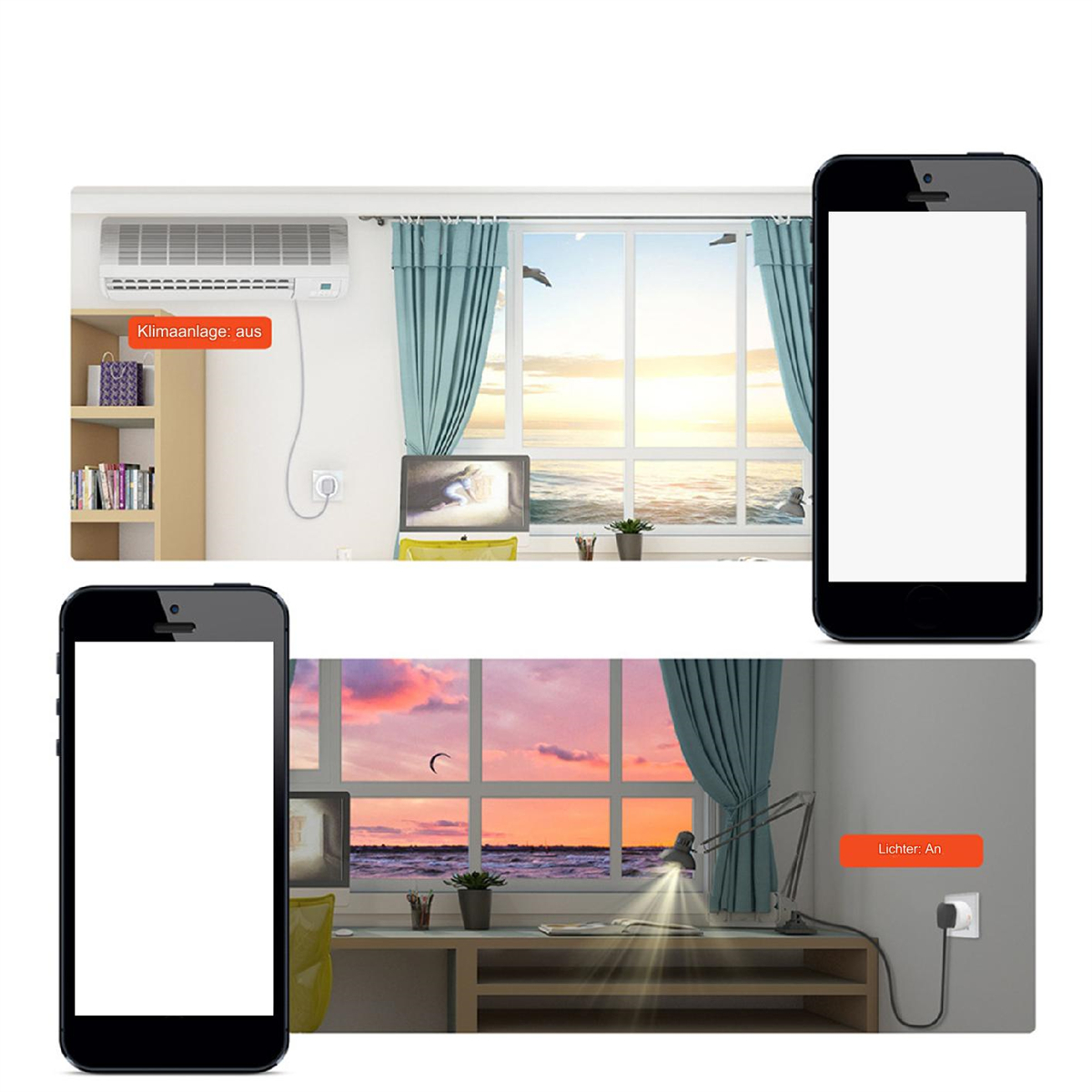 Zwei Telefone zeigen Smart-Home-Steuerung in einem Raum mit Meerblick.