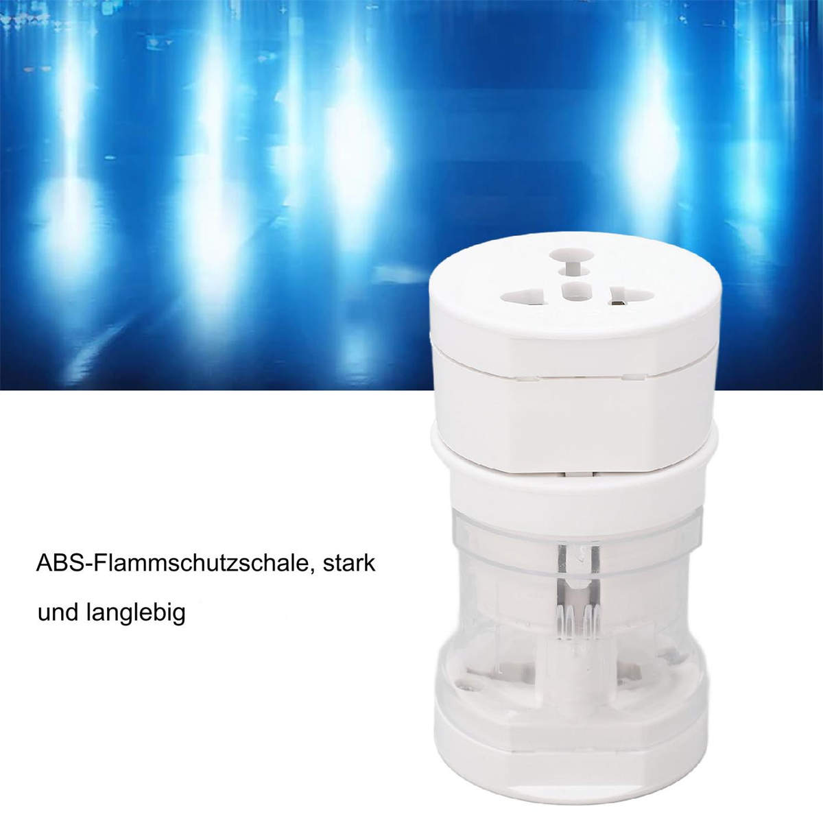 Weißer Reiseadapter mit mehreren internationalen Steckern.