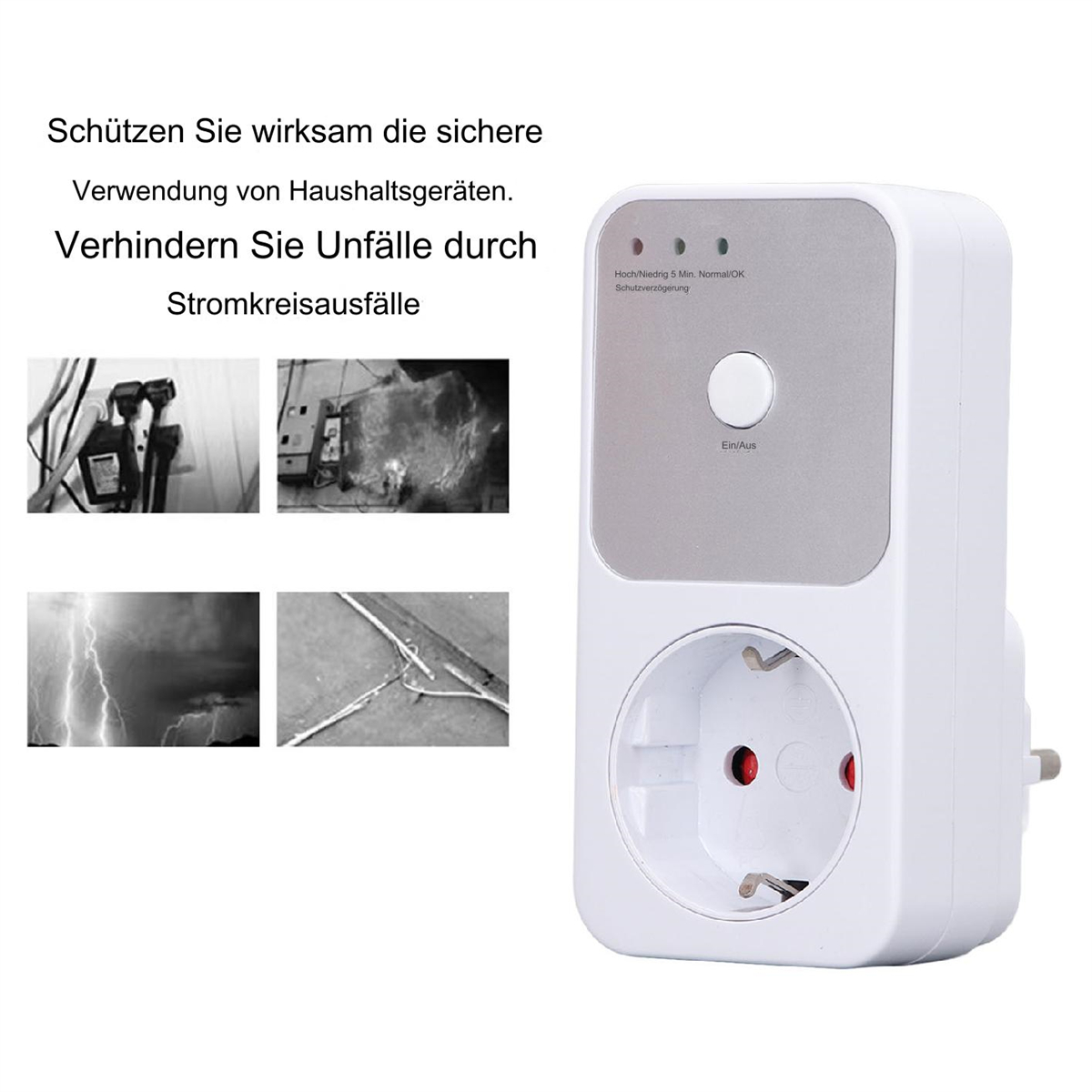Ein weißer Steckdosenschutz mit Knopf und drei Lichtern. Vier kleine Bilder um ihn herum.