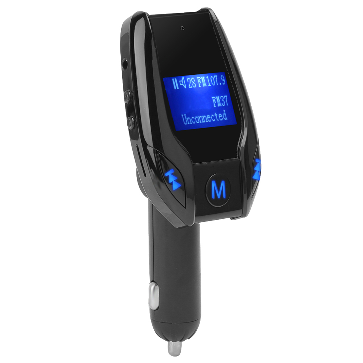 Ein schwarzer Auto-FM-Transmitter mit blauem Display und Tasten. Zeigt FM-Frequenz, unverbunden.