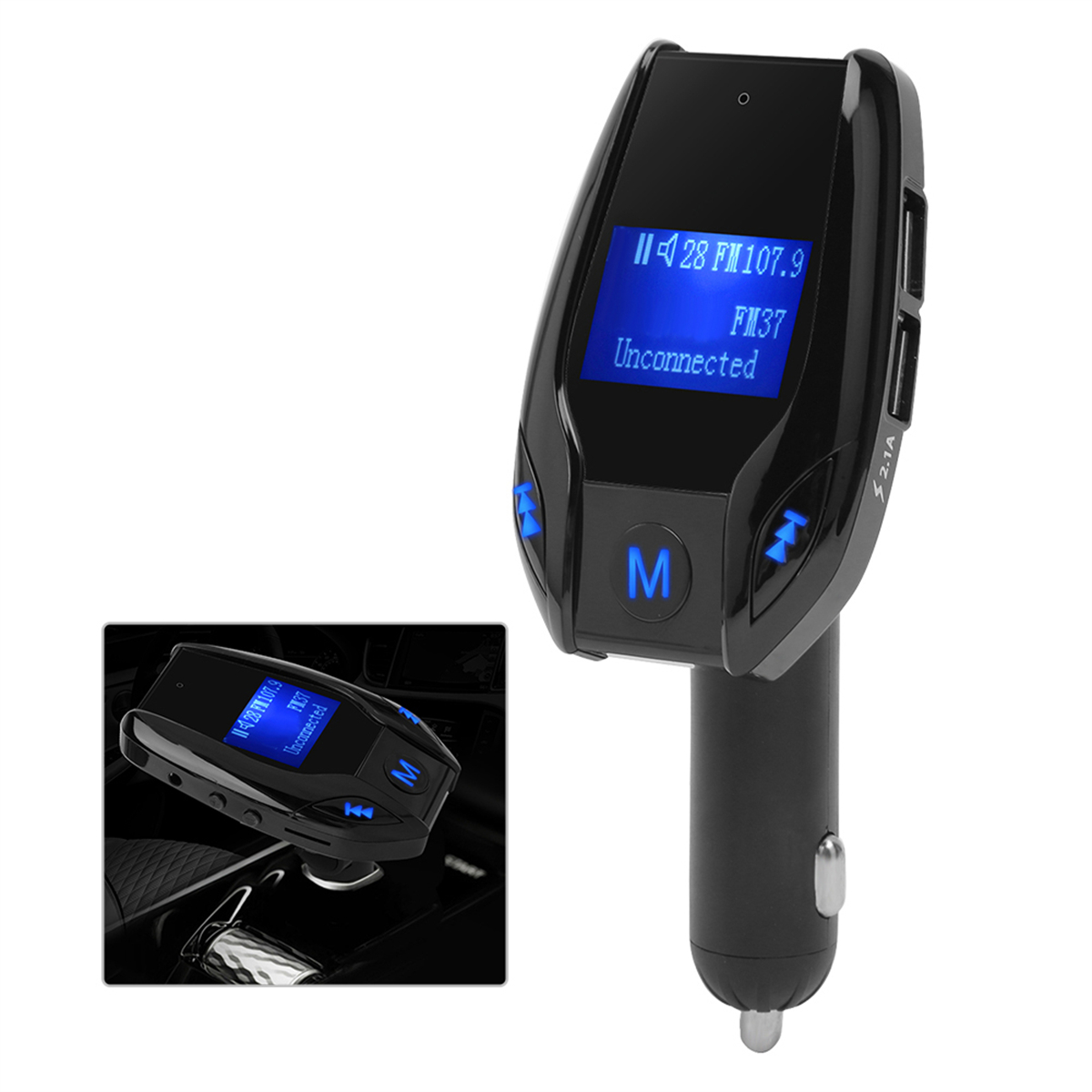 Schwarzer Kfz-Adapter mit Display, das Informationen anzeigt. Hat USB-Anschlüsse und blaue Tasten.