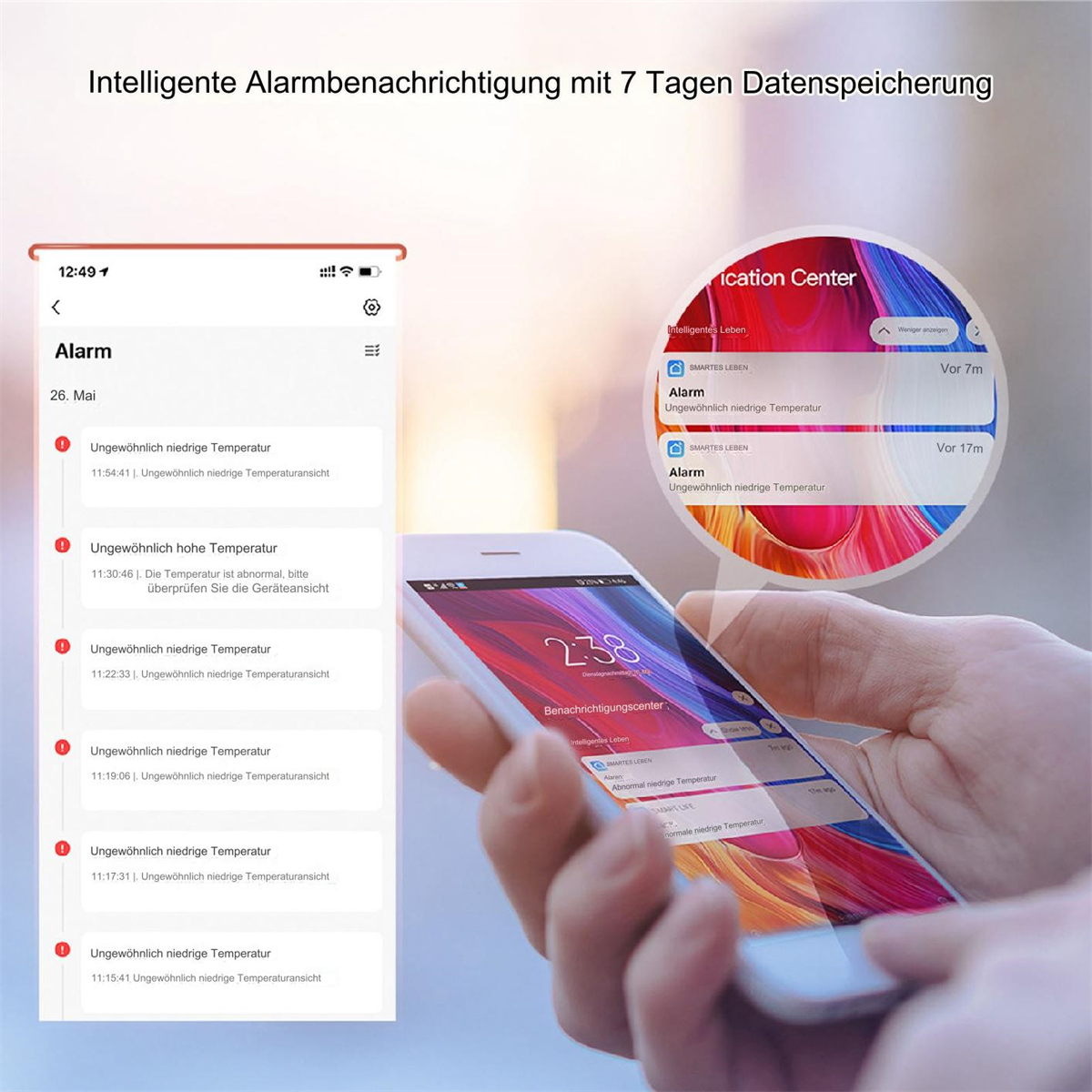 Ein Telefon, das eine Liste von Alarmen anzeigt, und eine Nahaufnahme, die eine Benachrichtigung von einem Smartgerät zeigt.