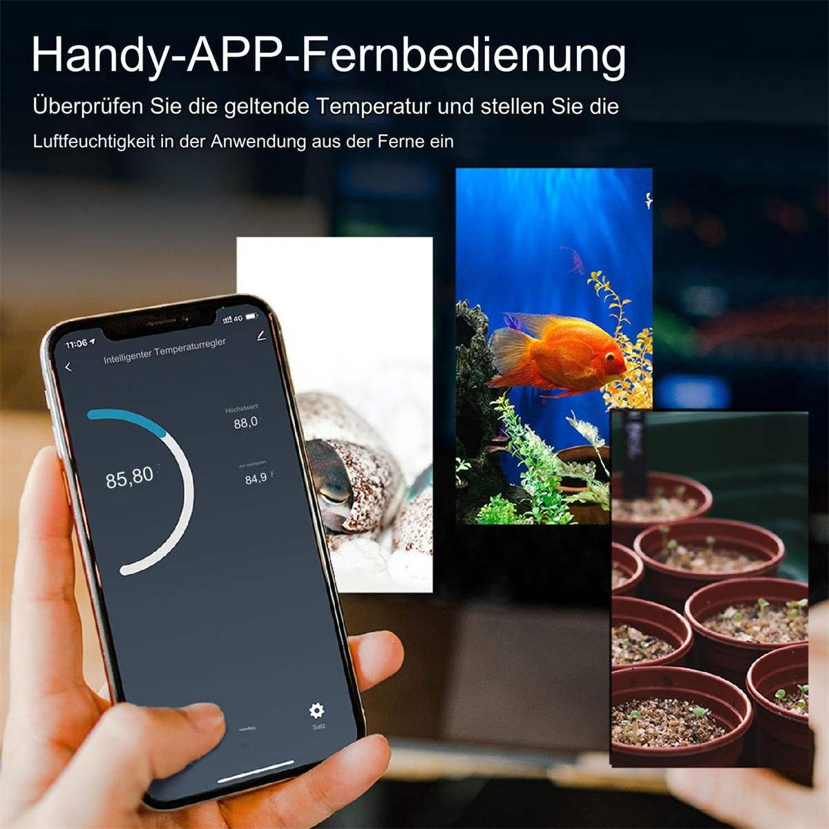Smartphone mit App-Steuerung, mit Bildern von Aquarium, Pflanzen und einer Schnecke.
