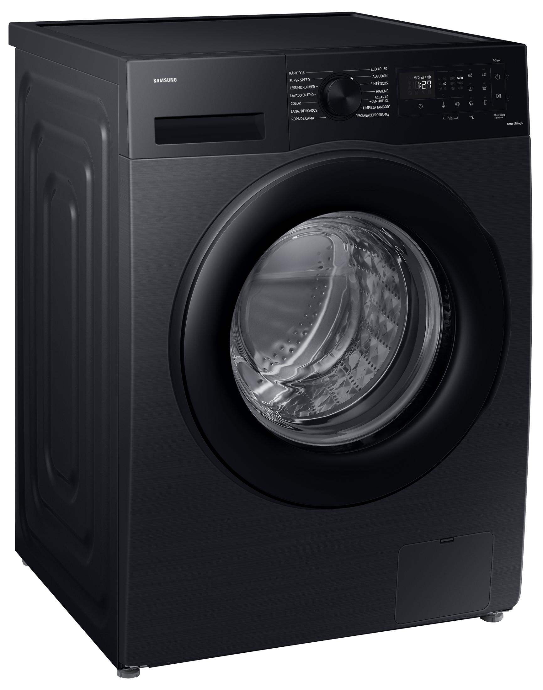 Eine schwarze Samsung Waschmaschine mit Bedienfeld und Glastür mit Trommel im Inneren.