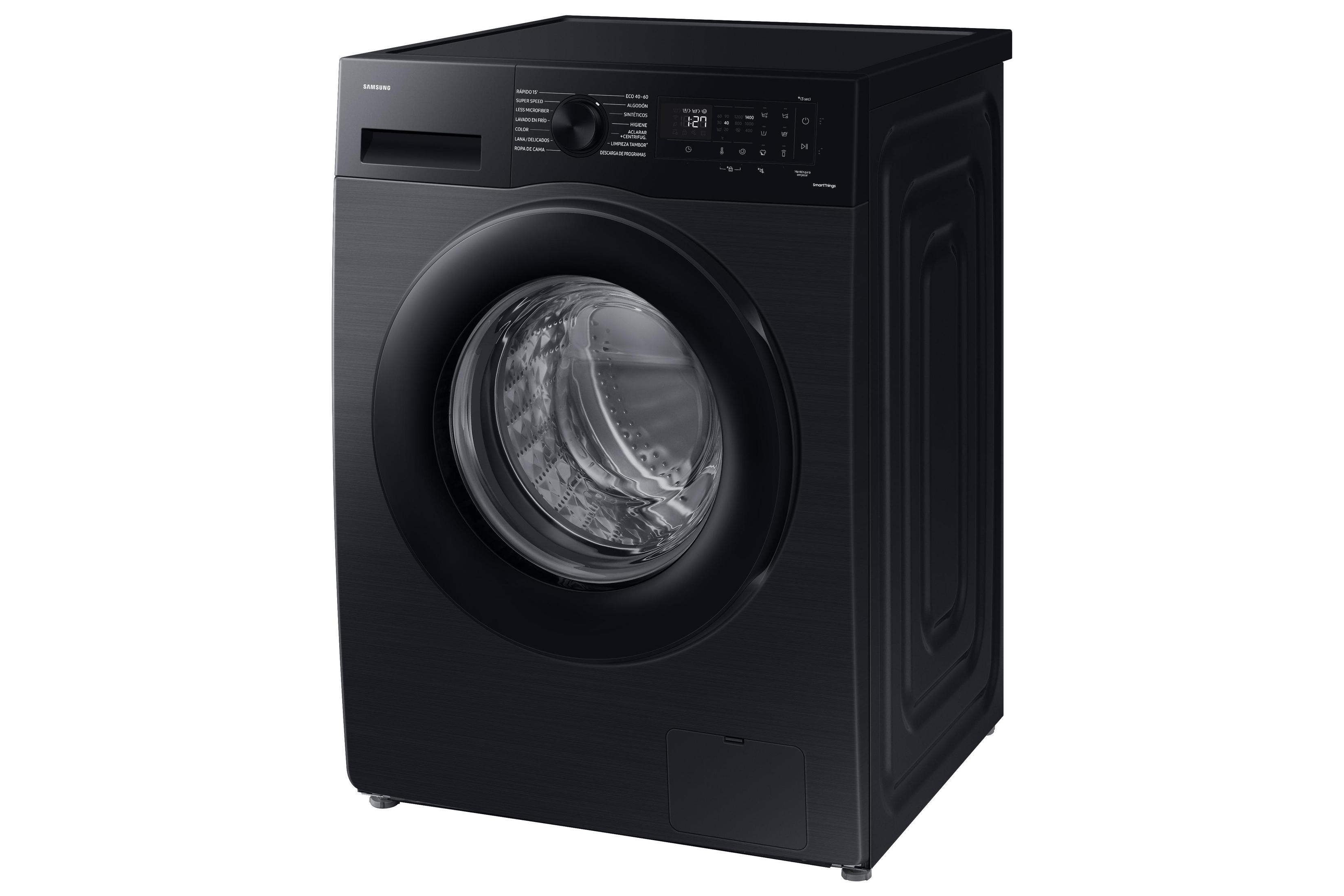 Eine schwarze Waschmaschine mit runder Tür, Bedienfeld und Samsung-Logo oben.