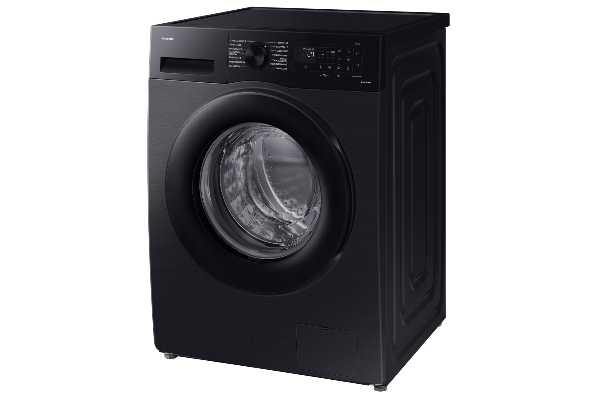 Schwarze Samsung Waschmaschine. Frontlader, runde Tür. Schwarzer Hintergrund.