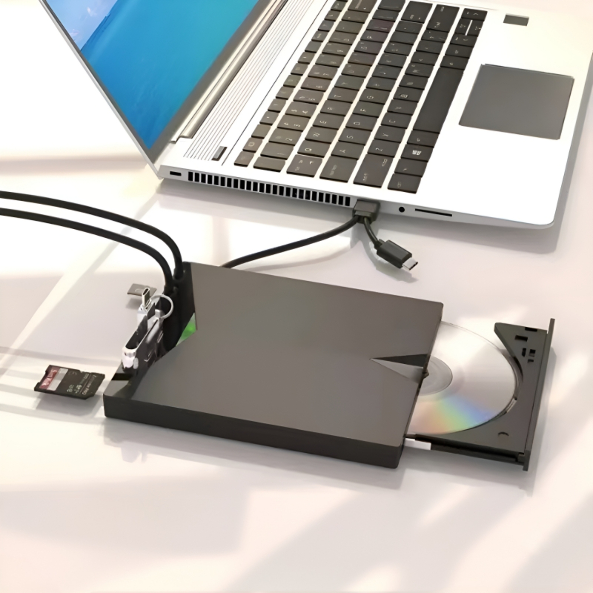 Laptop mit DVD-Laufwerk, SD-Karte und USB-Laufwerk. Silberner Laptop offen, schwarzes Laufwerk mit CD, verbunden.