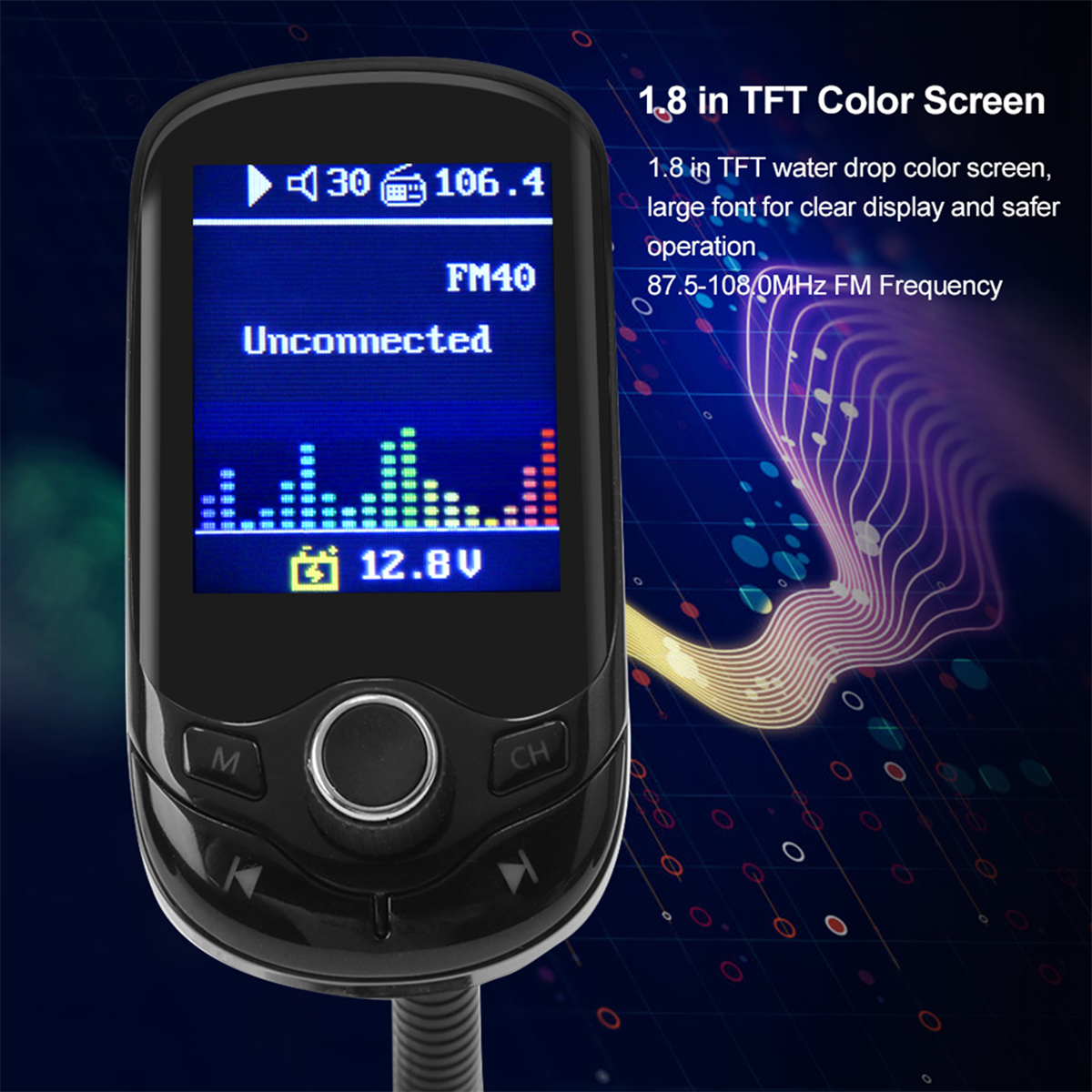 Schwarzer FM-Transmitter für Autos, der Frequenz und andere Informationen anzeigt.