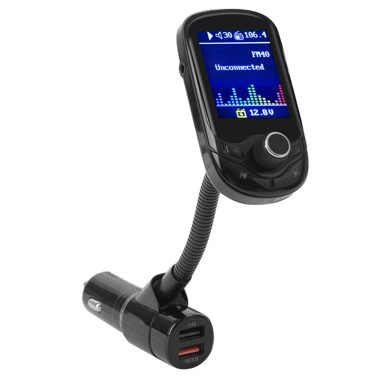 Schwarzer Auto-FM-Sender mit flexiblem Hals, USB-Anschlüssen und Display mit UKW-Radiodaten.