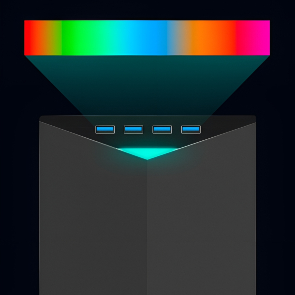 Schwarzes Computergehäuse mit blauen USB-Anschlüssen und farbigem Licht oben.
