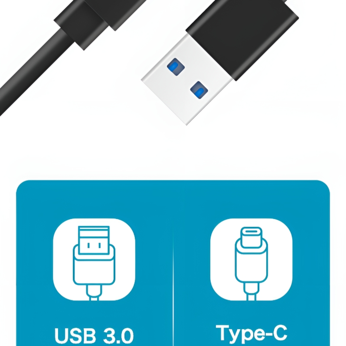 USB-Kabel mit USB 3.0- und Typ-C-Symbolen, weißer Hintergrund. Kabel ist schwarz.