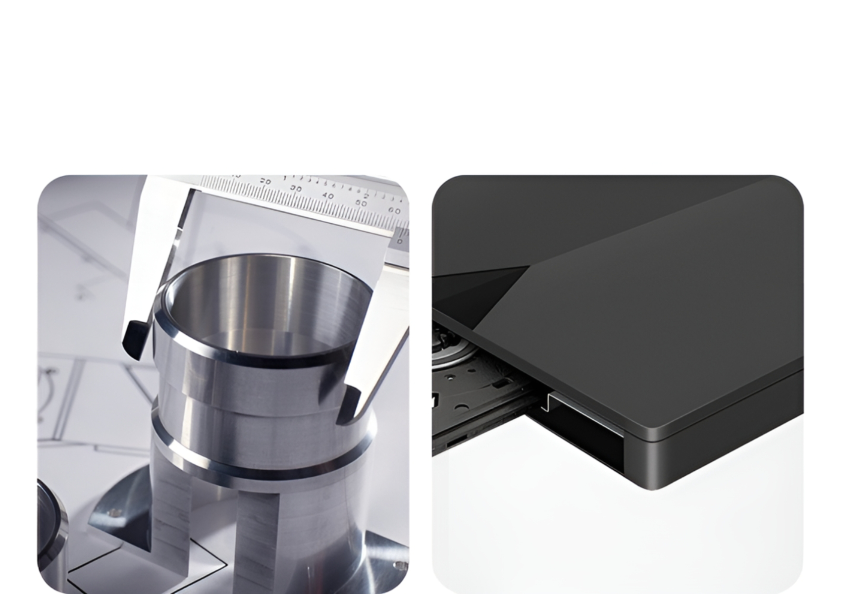 Zwei Bilder: links-Messung eines Metallzylinders, rechts-ein schwarzes Gerät mit Schlitz.