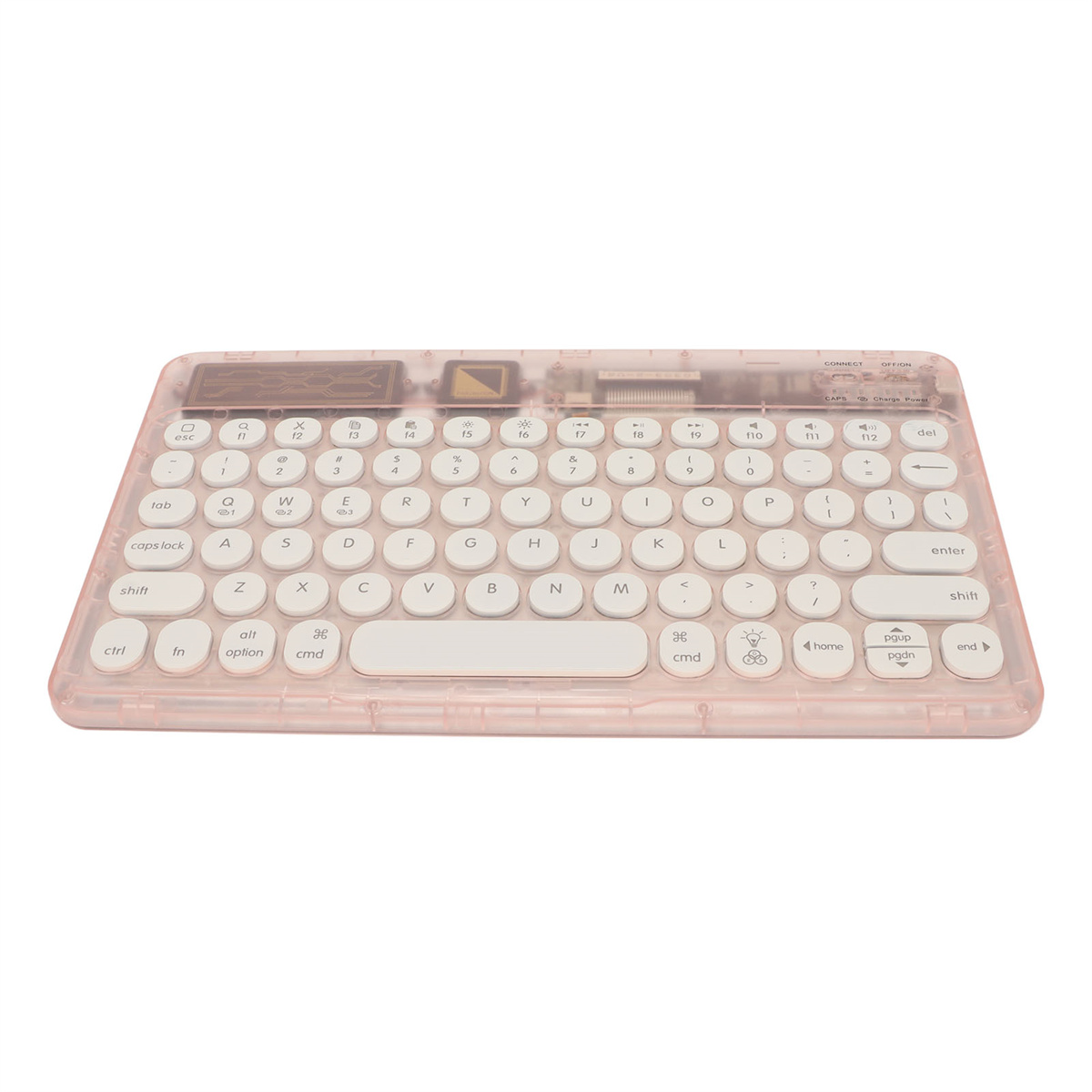 Transparente, rosa Tastatur mit weißen Tasten, Solarpanel und transparentem Gehäuse.